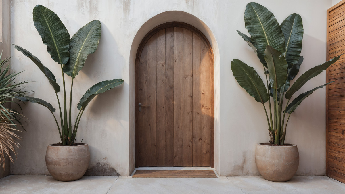 une porte d'entrée faite de bois décoré de plantes naturelles